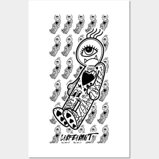 Dope little one eye monster cartoon ink-pencil black-and-white illustration Posters and Art